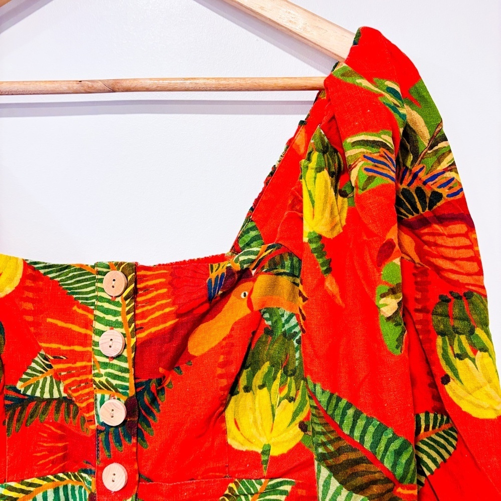 FARM RIO‎ Orange pelican linen romper with tropical print | Small * - Picture 4 of 9